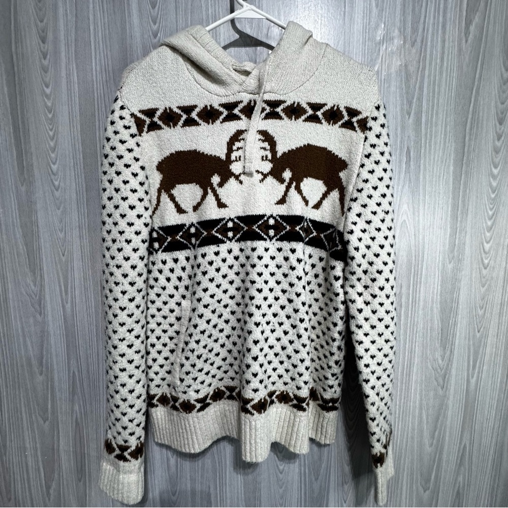 American Eagle Outfitters Knit Hooded Pullover Deer Sweater Cream‎ Men's Size S